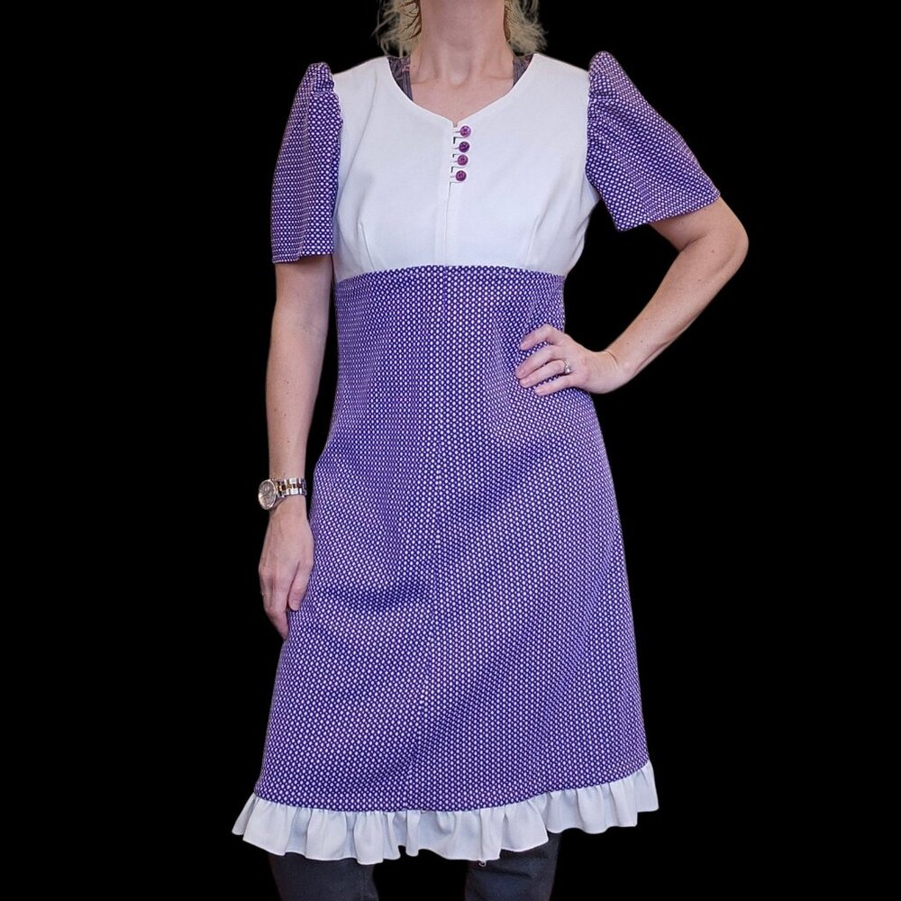 VTG Purple Babydoll Day Dress Knit Polyester Sz 10 Below Knees Cottage